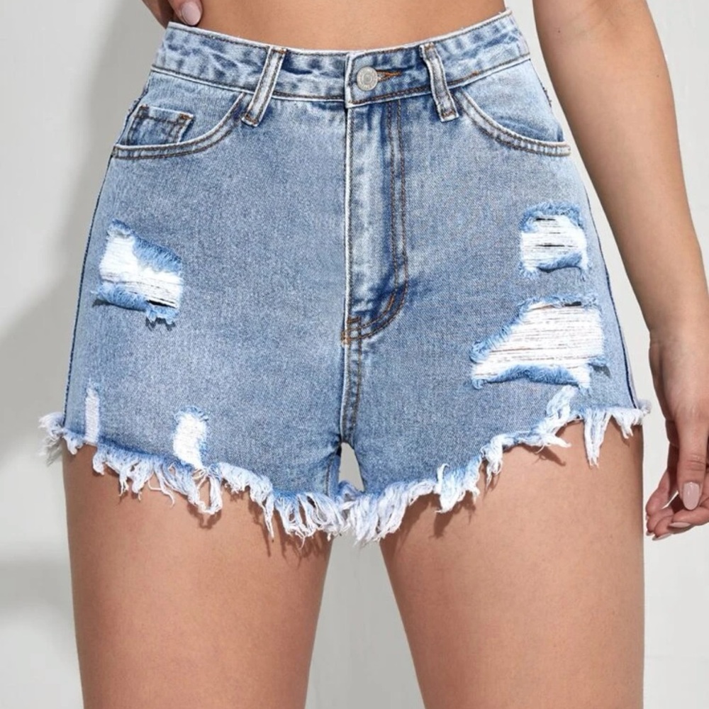 Distressed raw hem ripped high waisted denim jean shorts black - Picture 3 of 8
